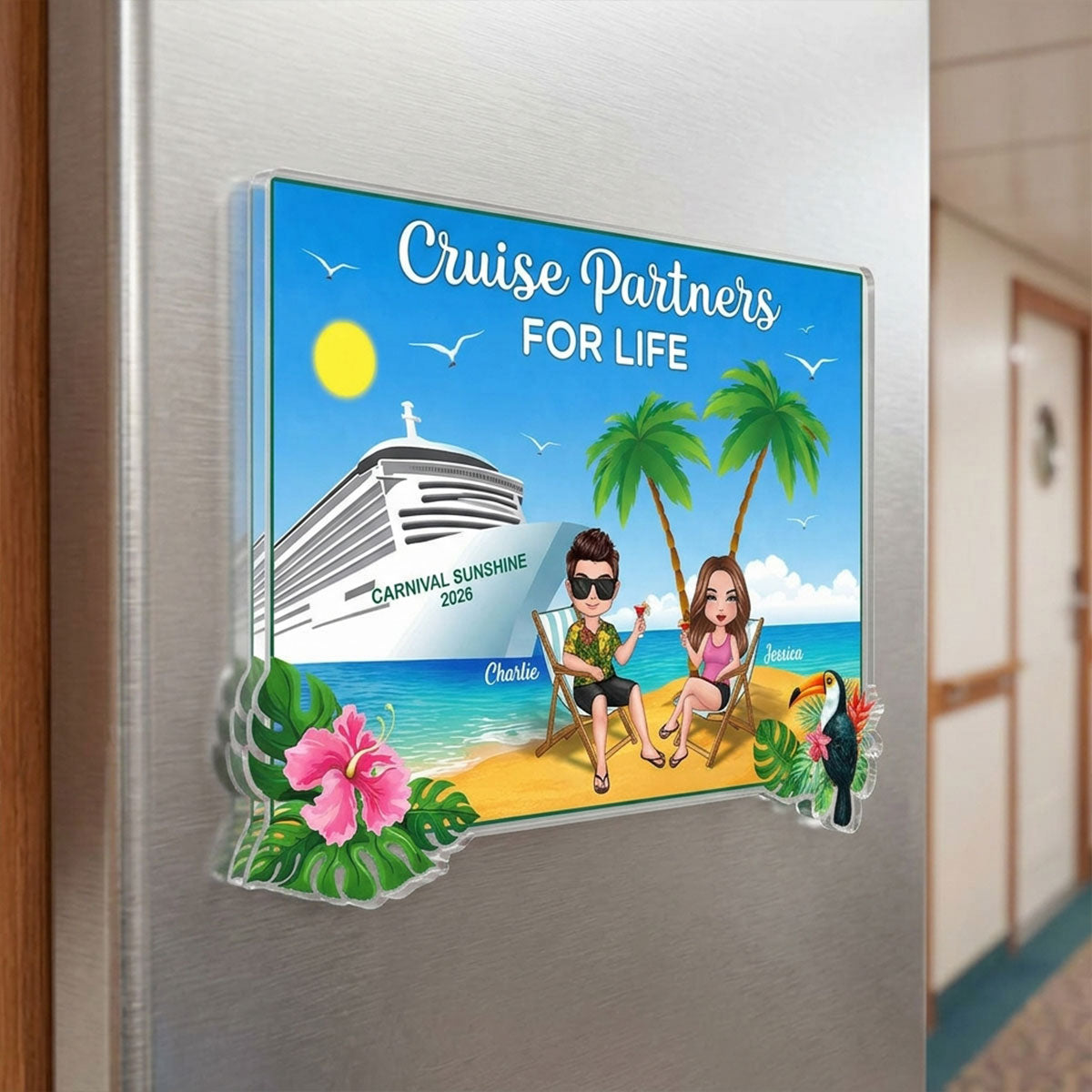 We're In Cruise Mode Doll Couple Sitting On The Beach - Personalized Cruise Ship Door Magnet