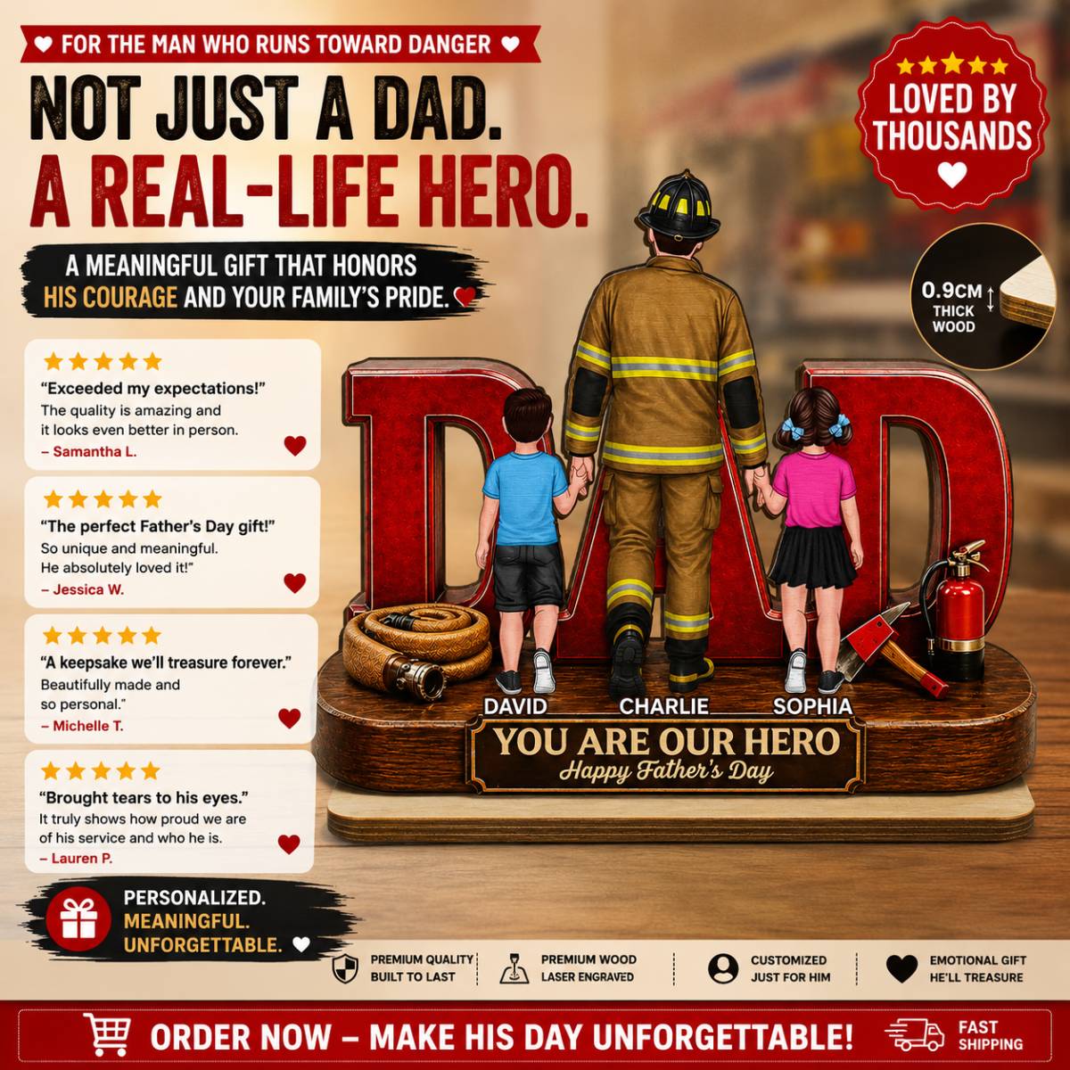 Proud Firefighter Dad You Are Our Hero - Personalized 2-Layered Wooden Plaque - Unique Birthday Gift For Dad