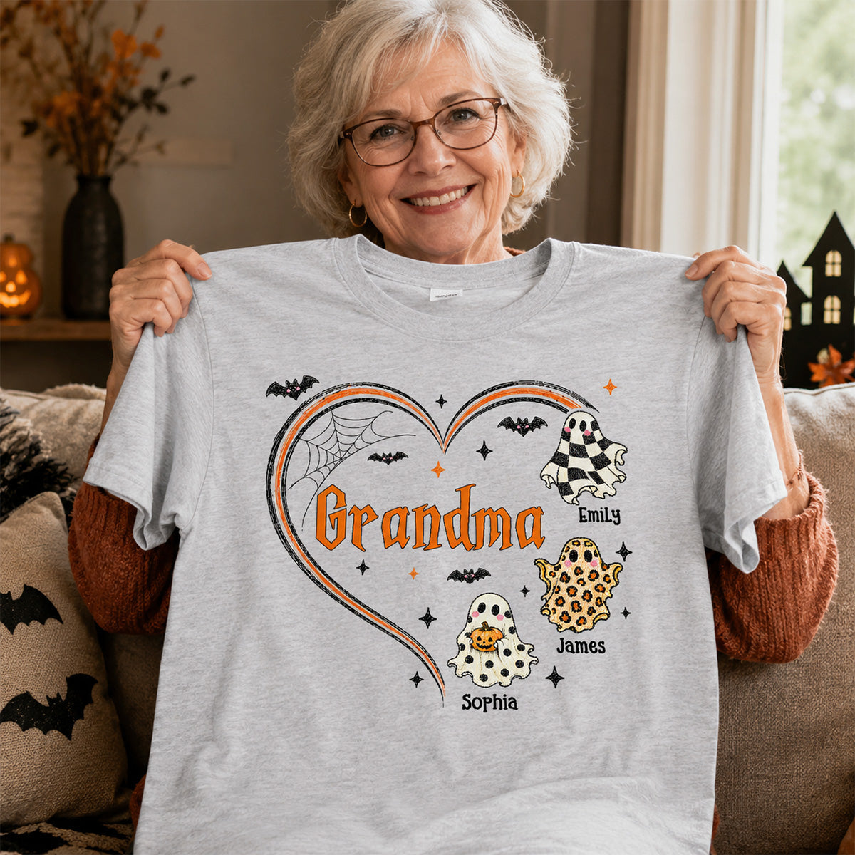 Grandma's Boo Crew Heart Checkered Leopard Polka Dot Ghosts - Personalized Shirt - Perfect Halloween Costume for Grandma