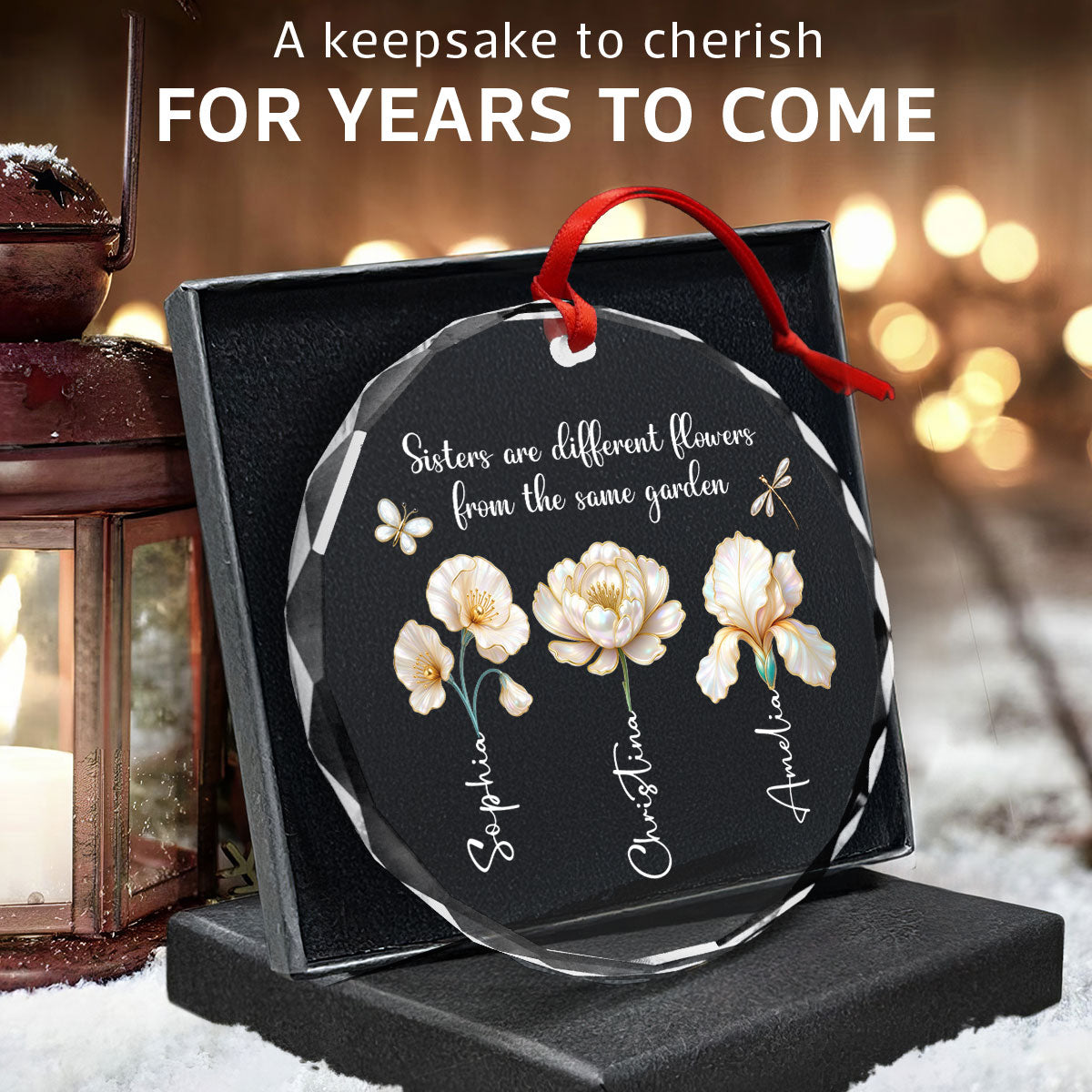 3D Effect Birth Flowers Sisters From The Same Garden - Personalized Glass Ornament - Birthday Christmas Just Because Gift For Sisters, Besties