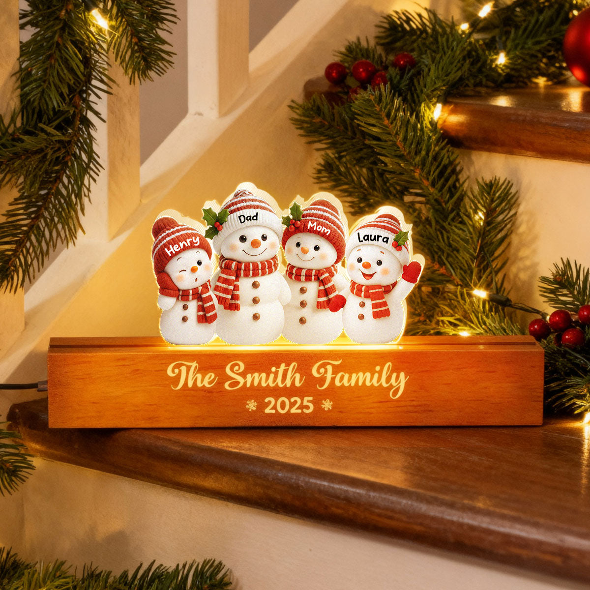Festive Snowman Family Members - Personalized Acrylic Block Plaque LED Night Light - Christmas Gift for Family