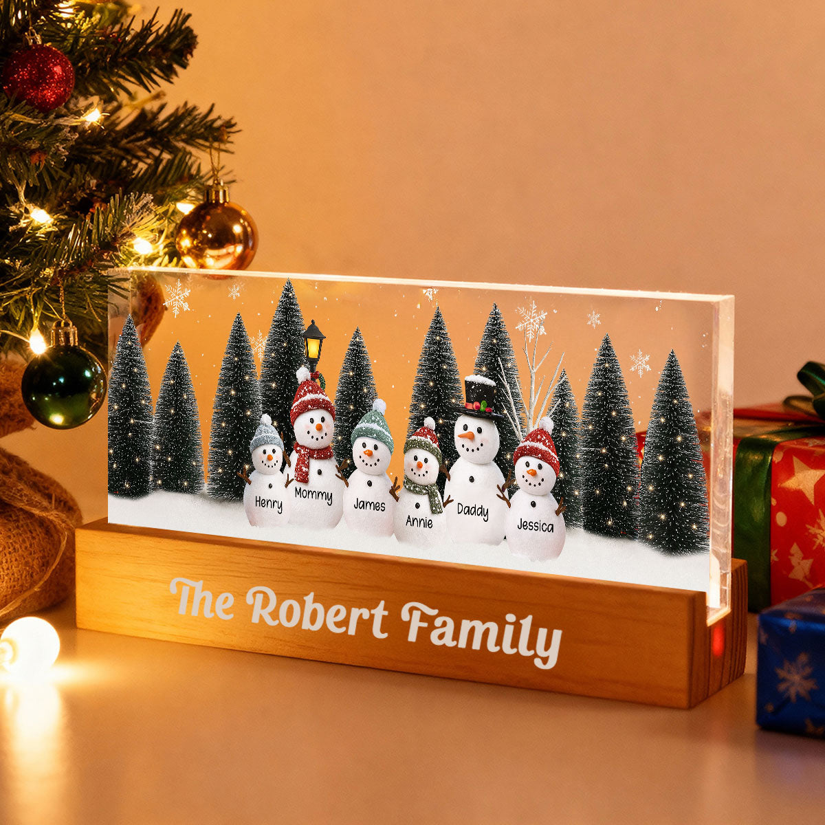 3D Effect Snowman Family Grandparents In Christmas Scene - Personalized Acrylic Block LED Night Light - Christmas Decor For Grandma, Family