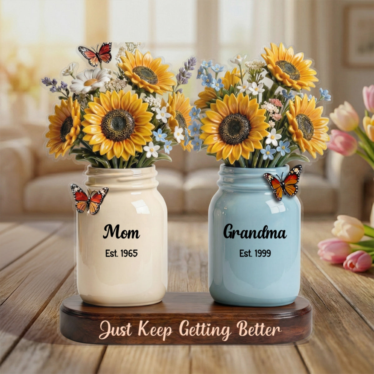 Mom Grandma Great Grandma Sunflowers Jars Est. Years 2D Flat - Personalized Acrylic Block Plaque