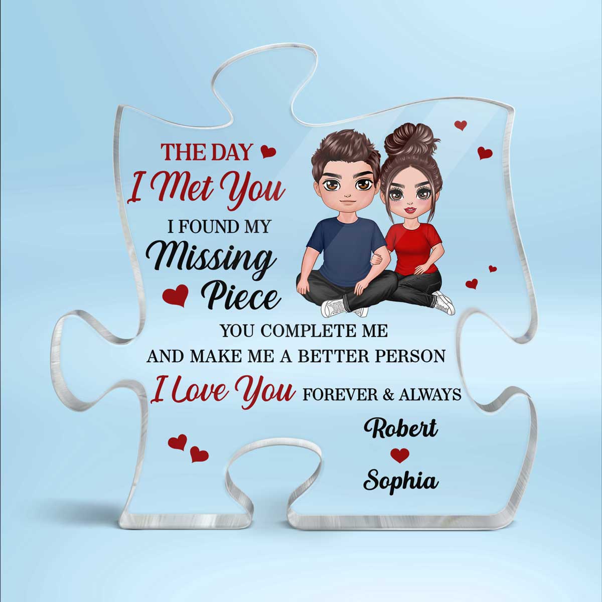 Doll Embracing Couple Sitting Found My Missing Piece Personalized Acrylic Puzzle Plaque