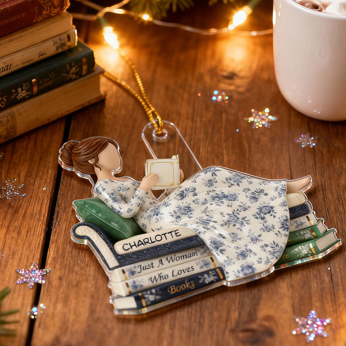 3D Effect Girl Reading Books On Sofa Toile De Jouy Pattern - Personalized Acrylic Ornament - Christmas Gift For Book Lover, Bookworm