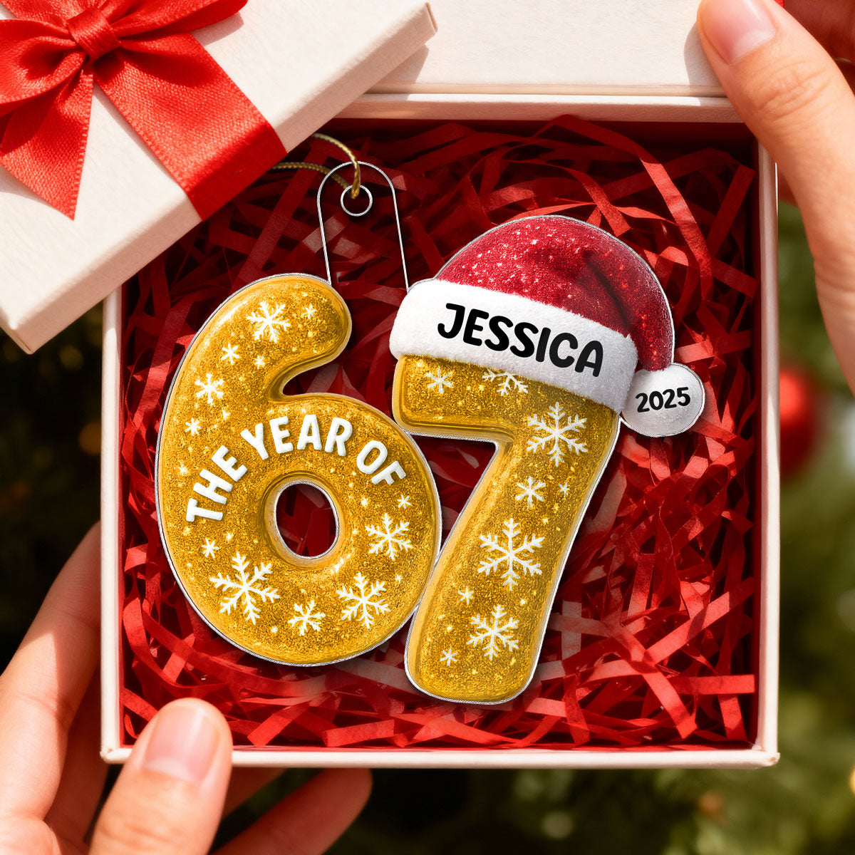 3D Glitter Effect 67 Six Seven 2025 Slang - Personalized Acrylic Ornament - Funny Christmas Gift For Teen, Grandkid, Gen Alpha