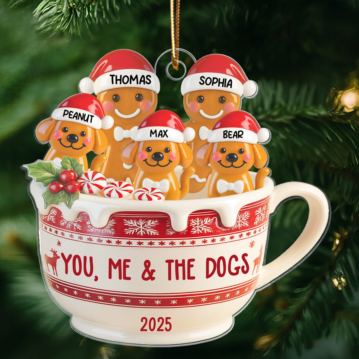 3D Effect Gingerbread Couple & Dog Cat In Hot Cocoa - Personalized Acrylic Ornament