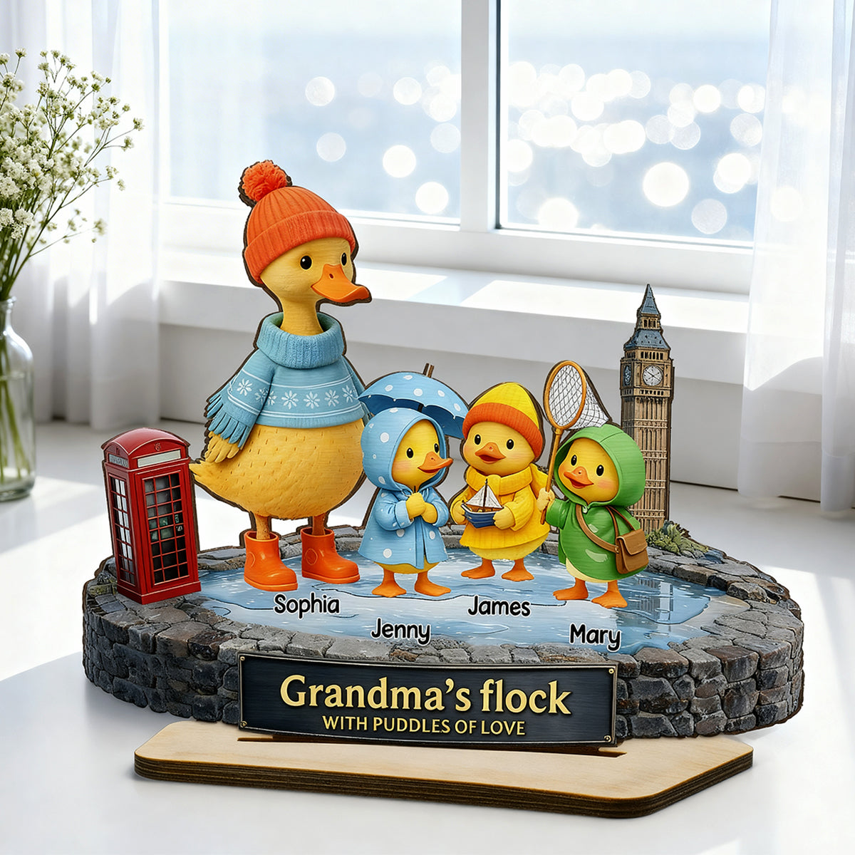 Nanny's Flock with Puddles of Love - Personalised 2-Layered Wooden Plaque - Heartfelt Mother's Day Gift for Nanny, Grandmother, Grandma