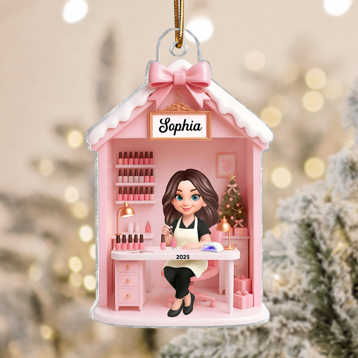 3D Effect Christmas Nail Technician In Salon - Personalized Acrylic Ornament - Gift For Nail Technician, Nails Decor, Beauty Salon, Woman, Girl