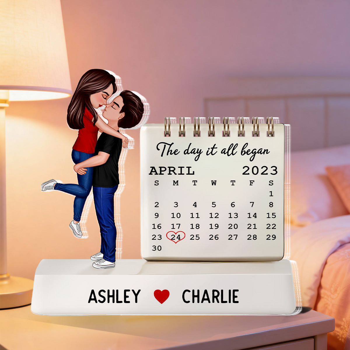 Couple Hugging Kissing The Day Our Story Began Couple Anniversary Calendar 2D Flat - Personalized Acrylic Block Plaque