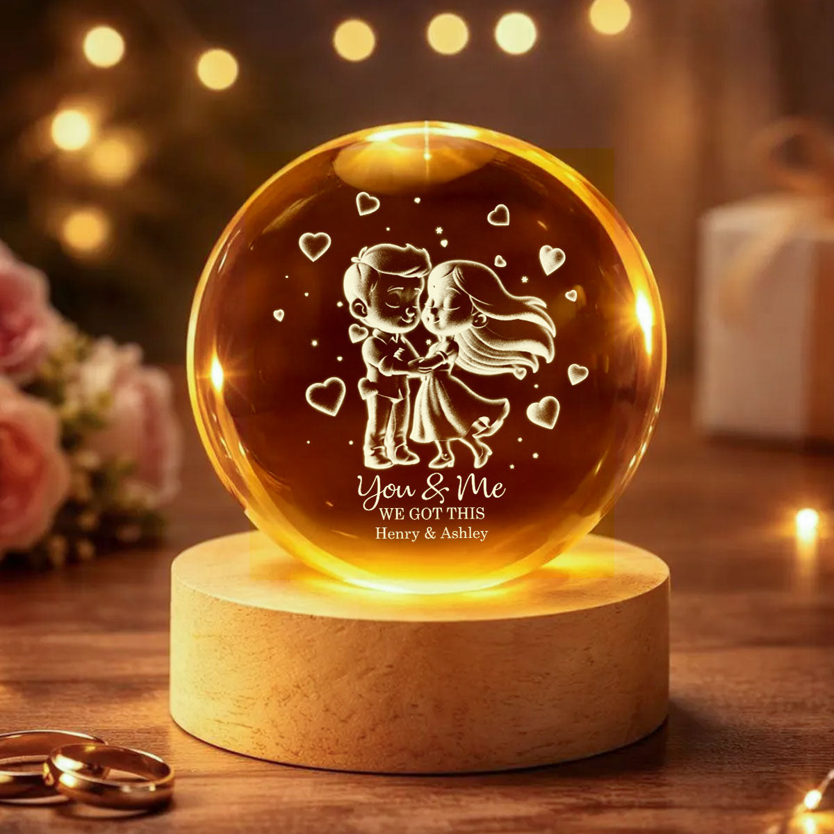 Loving Chibi Couple - Personalized Crystal Ball LED Night Light - Sentimental Valentine's Day Gift for Her, for Him