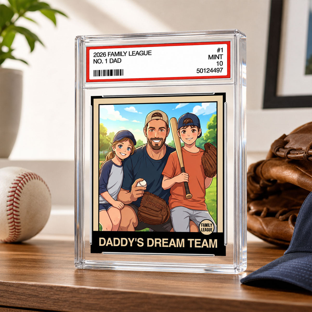 Cartoon Style Baseball Daddy's Dream Team Trading Card - Personalized Acrylic Block Plaque -  Gift For Baseball Dad, Husband