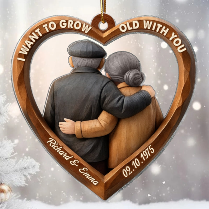 3D Effect Wooden Couple Growing Old Together - Personalized Acrylic Ornament - Christmas Gift for Couples