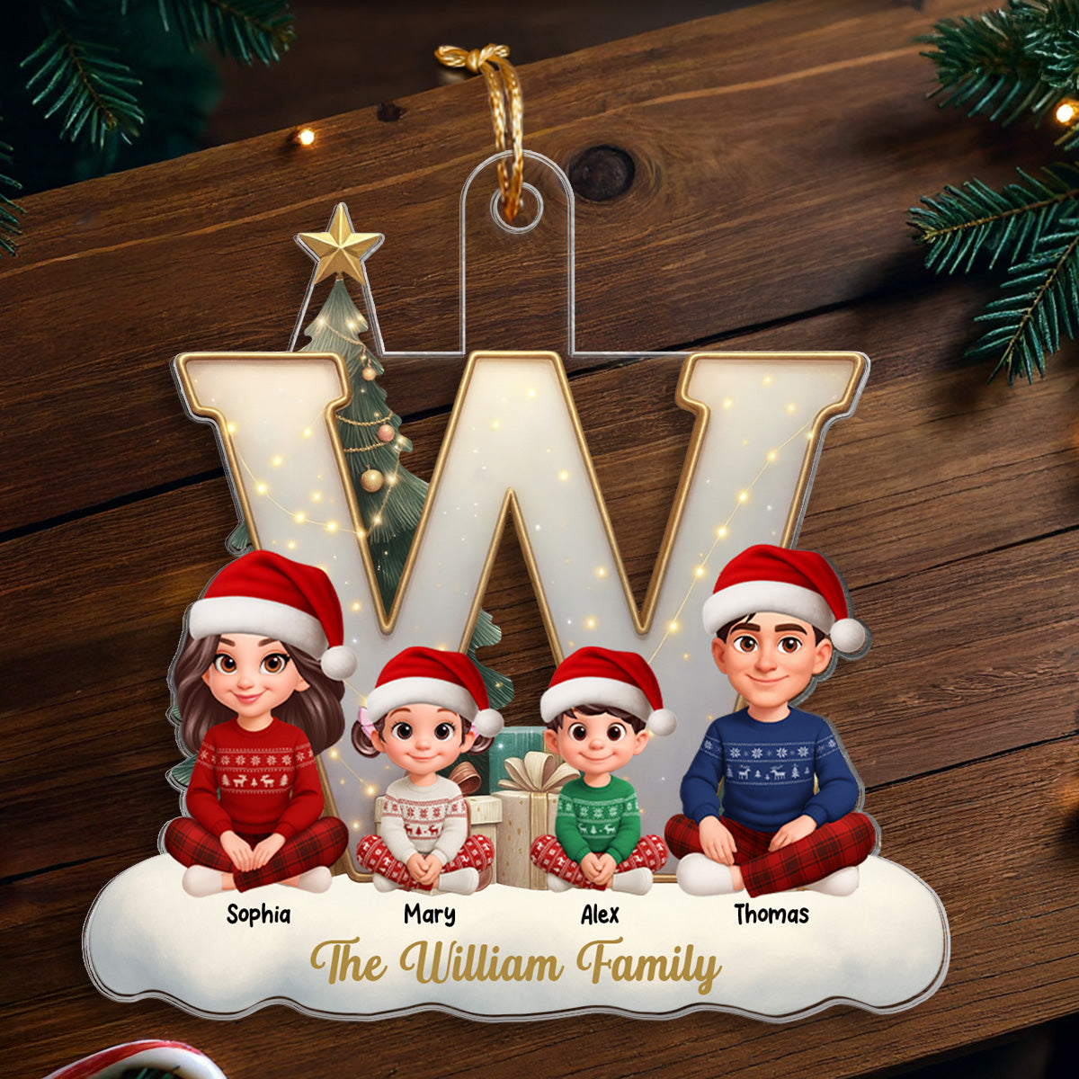 3D Effect Christmas Family Name Initial Beautiful Family Together - Personalized Acrylic Ornament - Gift For Family