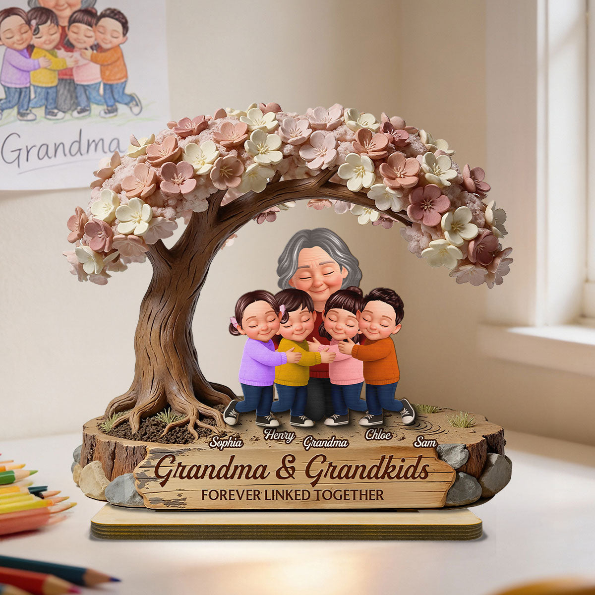 Grandma And Grandkids Under Blossom Tree - Personalized 2-Layered Wooden Plaque - Gift For Mom