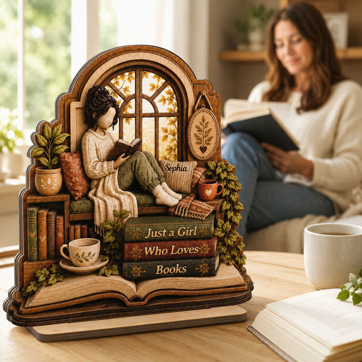 Book Lover's Corner 2D Flat - Personalized 2-Layered Wooden Plaque - Gift For Book Lover, Bookworm