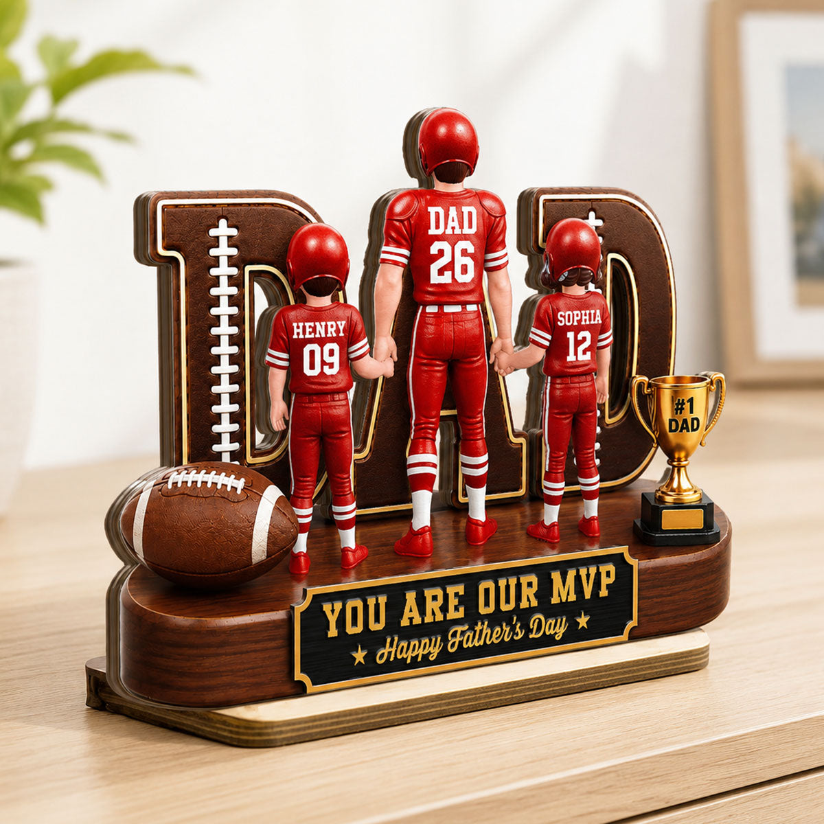 American Football No 1 Dad Legend Daddy's Dream Team - Personalized 2-Layered Wooden Plaque -  Gift For Dad