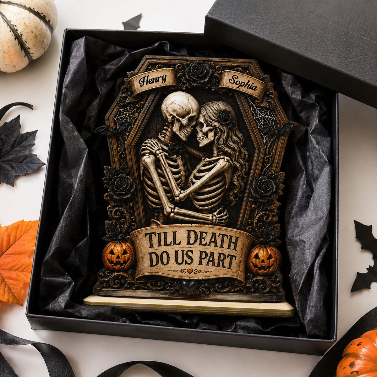 Till Death Do Us Part Skeleton Couple In Coffin 2D Flat - Personalized 2-Layered Wooden Plaque - Halloween Decor For Couple