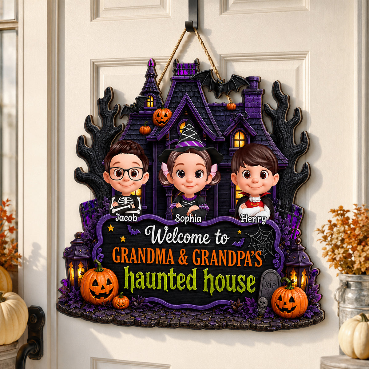 Halloween Vibe Welcome to Grandma Grandpa's House - Personalized Door Hanger Sign - Halloween Decor
