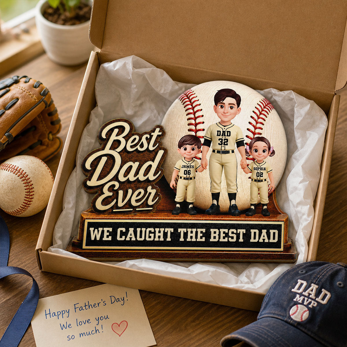 We Caught The Best Dad Dad & Kids - Personalized 2-Layered Wooden Plaque - Happy  For Baseball Softball Dad