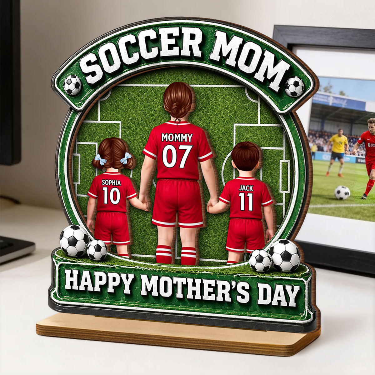 Soccer Mom Back View And Kids - Personalized 2-Layered Wooden Plaque - Heartfelt Gift For Soccer Mom, Gift For Wife