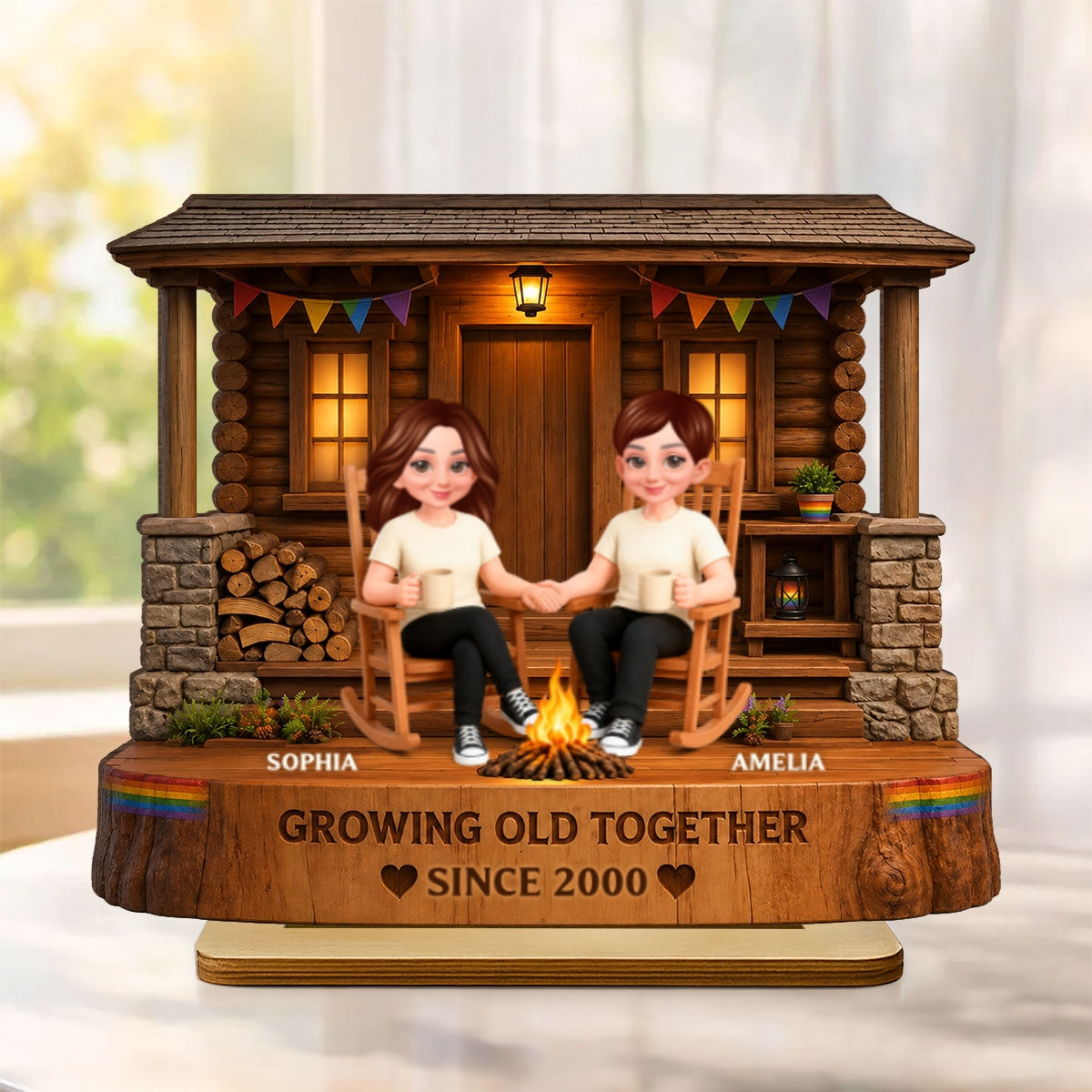 LGBT+ Couple Sitting On Front Porch - Personalized 2-Layered Wooden Plaque - Gift For Couple, Happy Pride Month