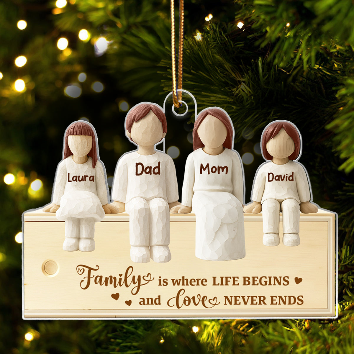 Family Together Wooden Figurines - Personalized Acrylic Ornament - Heartwarming Christmas Gift For Family