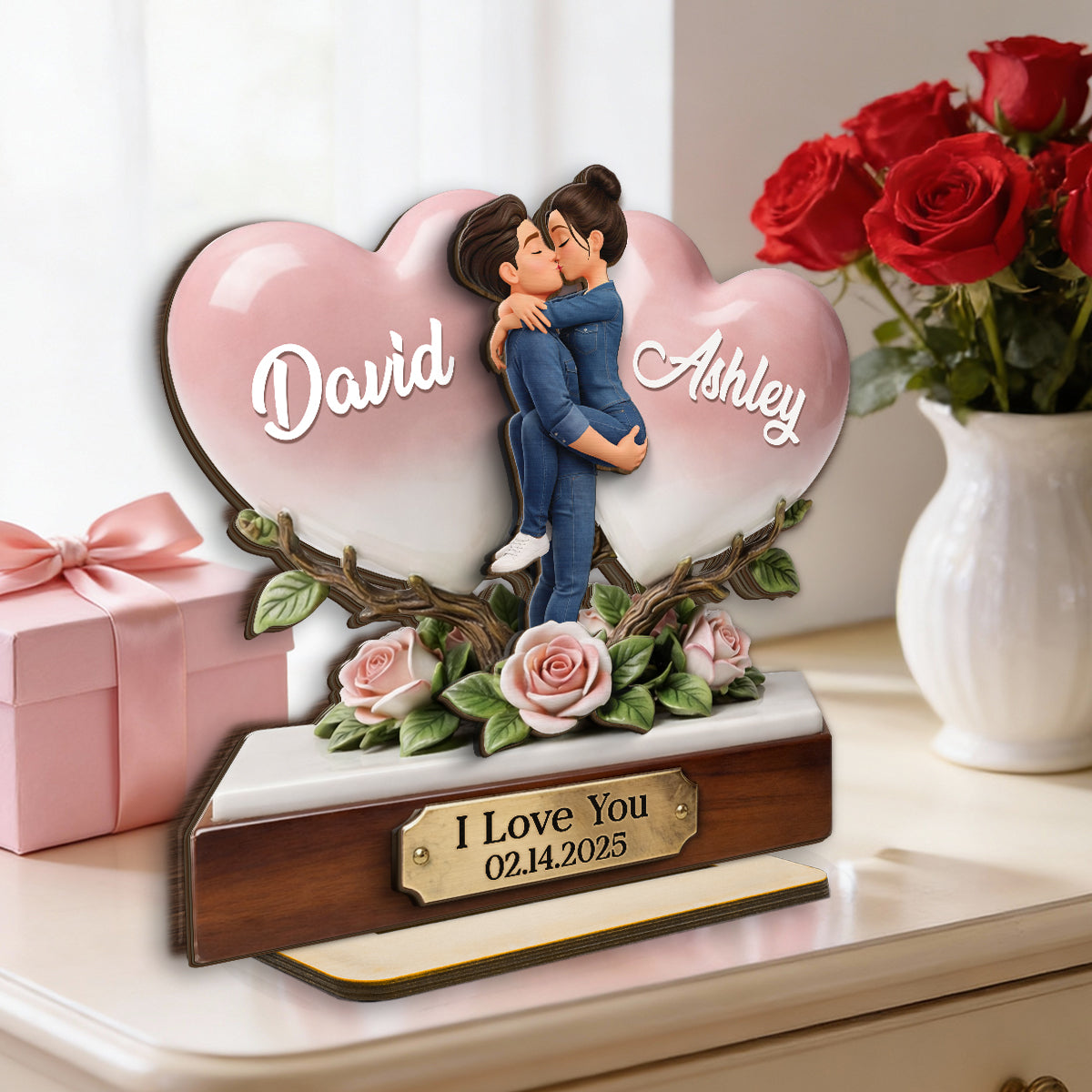 I Love You Couple Heart Rose - Personalized 2-Layered Wooden Plaque - Anniversary, Valentine's Day Gift, Gift For Him, Gift For Her