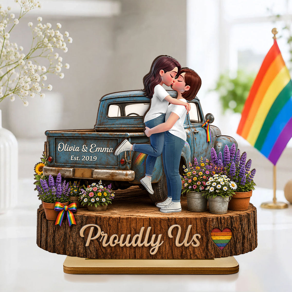 LGBT Couple Pickup Truck Proudly Us - Personalized 2-Layered Wooden Plaque - Gift For Couple, Happy Pride Month