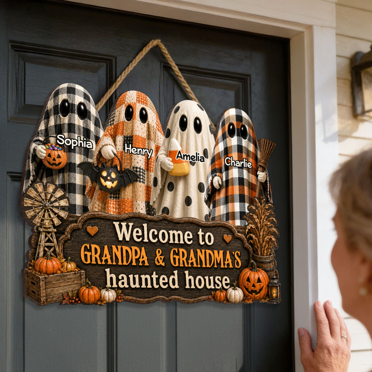 Halloween Farmhouse Style Welcome To Grandma Grandpa Haunted House - Personalized Wood Sign - Halloween Decoration For Grandparents