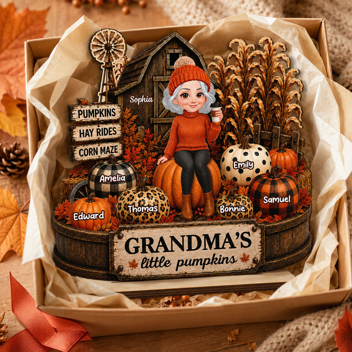 Grandma Pumpkins Hay Rides Corn Maze 2D Flate - Personalized Wooden Plaque