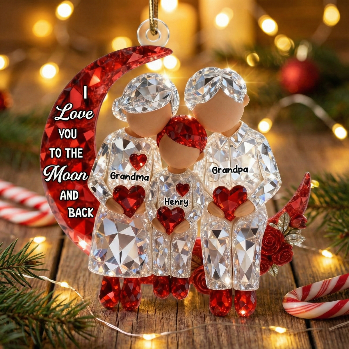 3D Crystal Effect Grandma Grandpa Grandkid Sitting on Moon  - Personalized Acrylic Ornament - Christmas Gift for Grandma, Grandkids