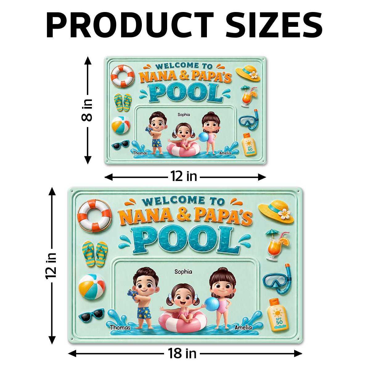 Nana & Papa's Poolside With Kids - Personalized Metal Sign - Gift For Kids, Grandparents, Summer Decorations