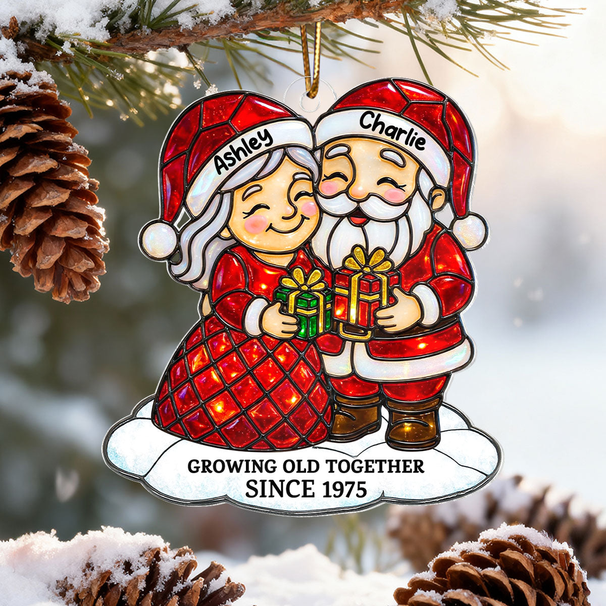 Couple Growing Old Together Stained Glass Pattern - Personalized Acrylic Ornament - Heartwarming Christmas Gift For Him, For Her, For Couple