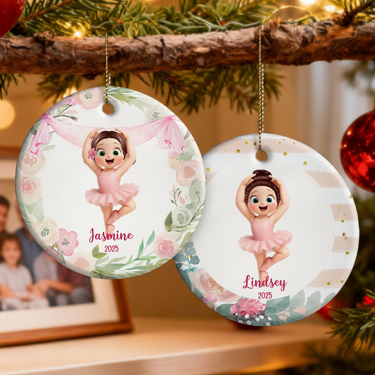 Floral Frame Ballerina Girl - Personalized Ceramic Ornament - Christmas Gift For Daughter, Granddaughter
