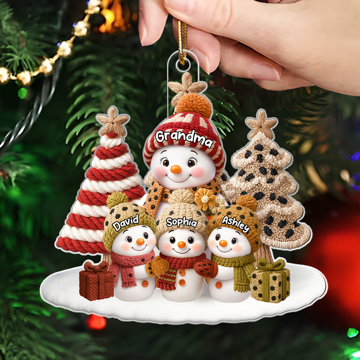 3D Embroidered Effect Snowman Grandma Grandkids - Personalized Acrylic Ornament - Christmas Gift for Grandma
