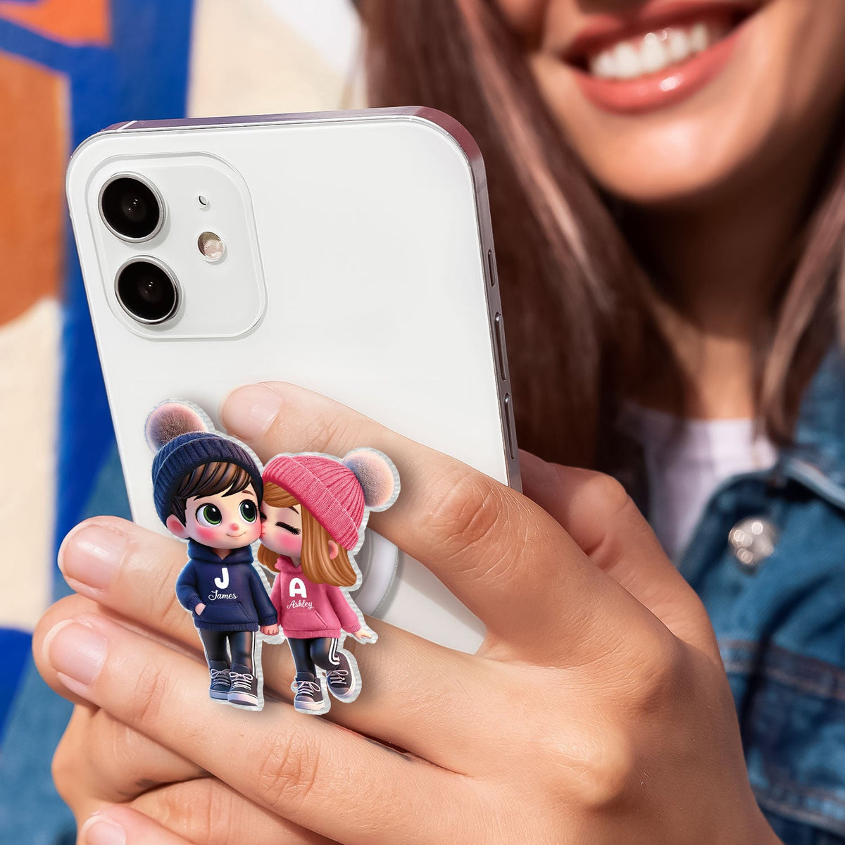 3D Effect Cute Cartoon Couple Walking - Personalized Acrylic Magnetic Phone Grip - Matching Phone Grips for Couples