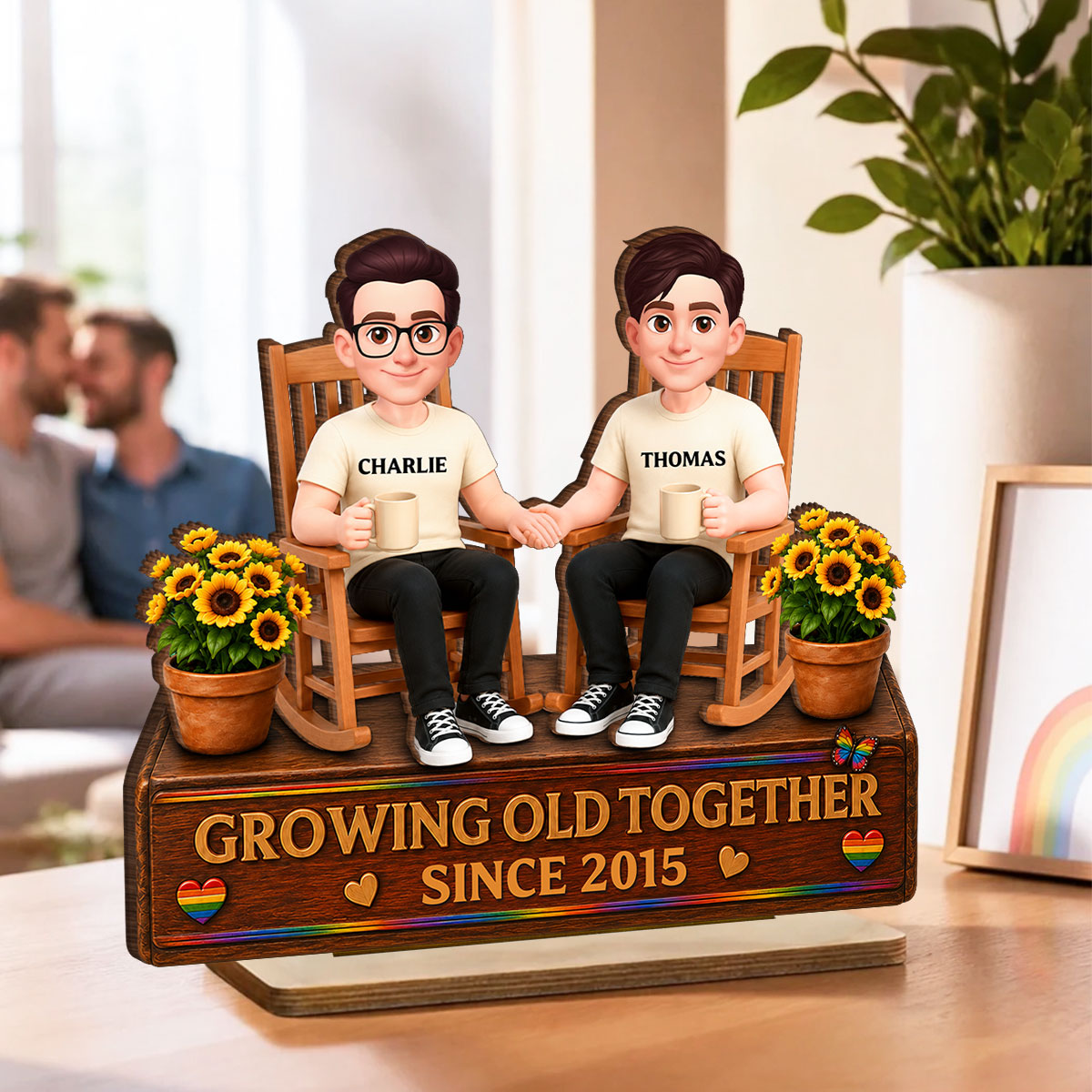 LGBT+ Couple Sitting On Garden - Personalized 2-Layered Wooden Plaque - Gift For Couple, Happy Pride Month