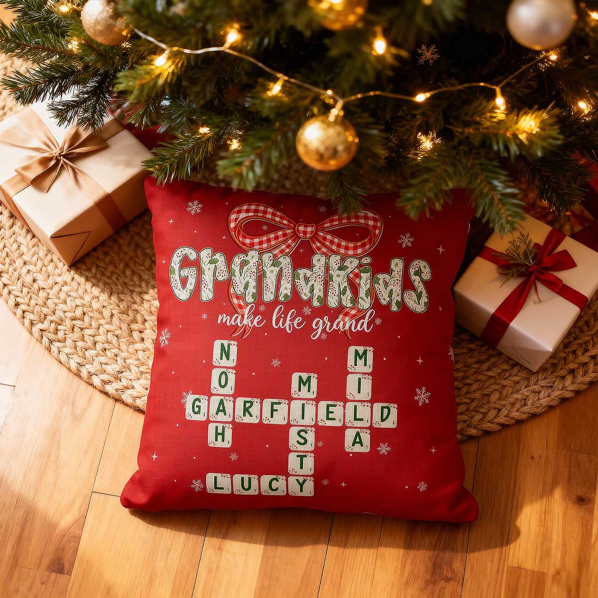 Grandkids Make Life Grand Coquette Floral Christmas Pattern Crossword Puzzle Art - Personalized Pillow