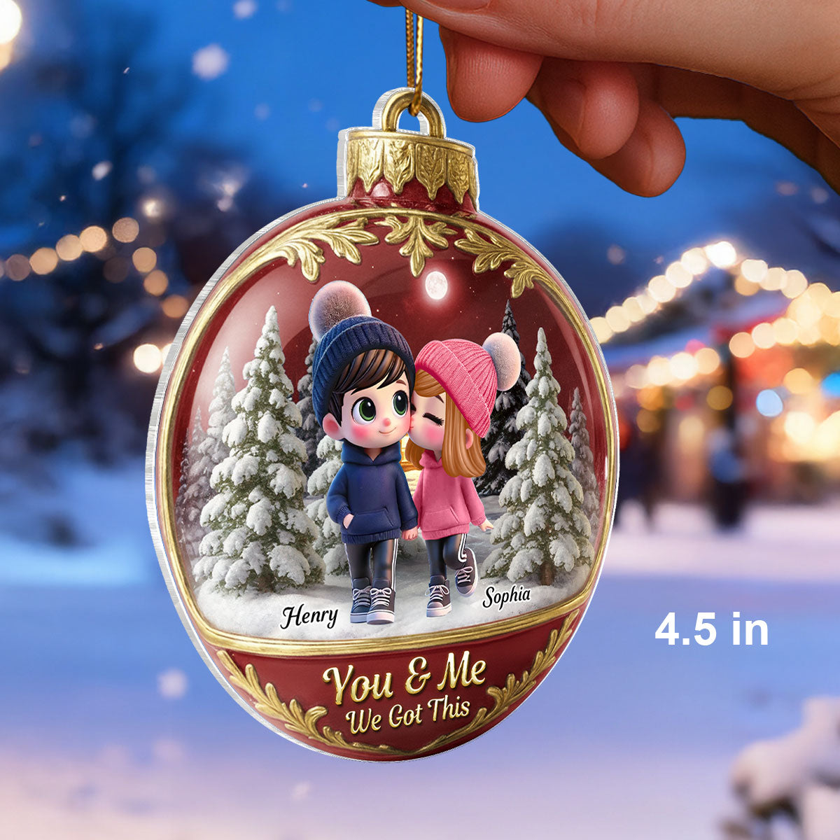 3D Effect Snow Globe Cartoon Couple - Personalized Acrylic Ornament - Christmas Gift for him, Gift for her