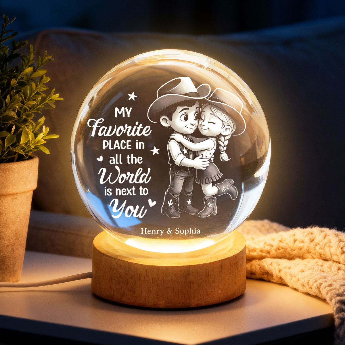 Countryside Couple Cowboy Cowgirl - Personalized Crystal Ball LED Night Light - Anniversary, Valentine's Day Gift, Gift For Him, Gift For Her