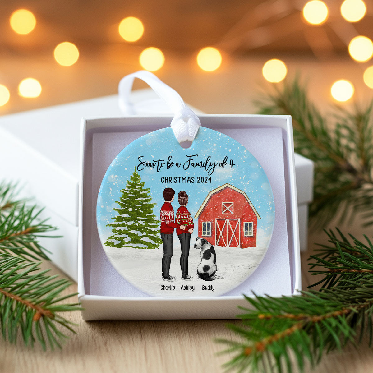 Family Pregnancy Christmas Ornament, Expecting Pregnancy announcement, Red Barn, Personalized Circle Ceramic Ornament