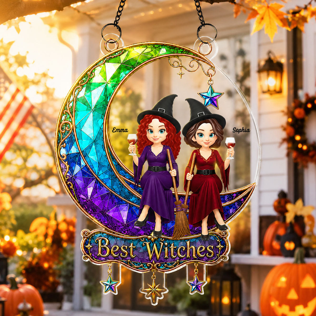 Beautiful Witches Sitting On Moon - Personalized Acrylic Window Hanging - Halloween Decoration For Besties, Girls