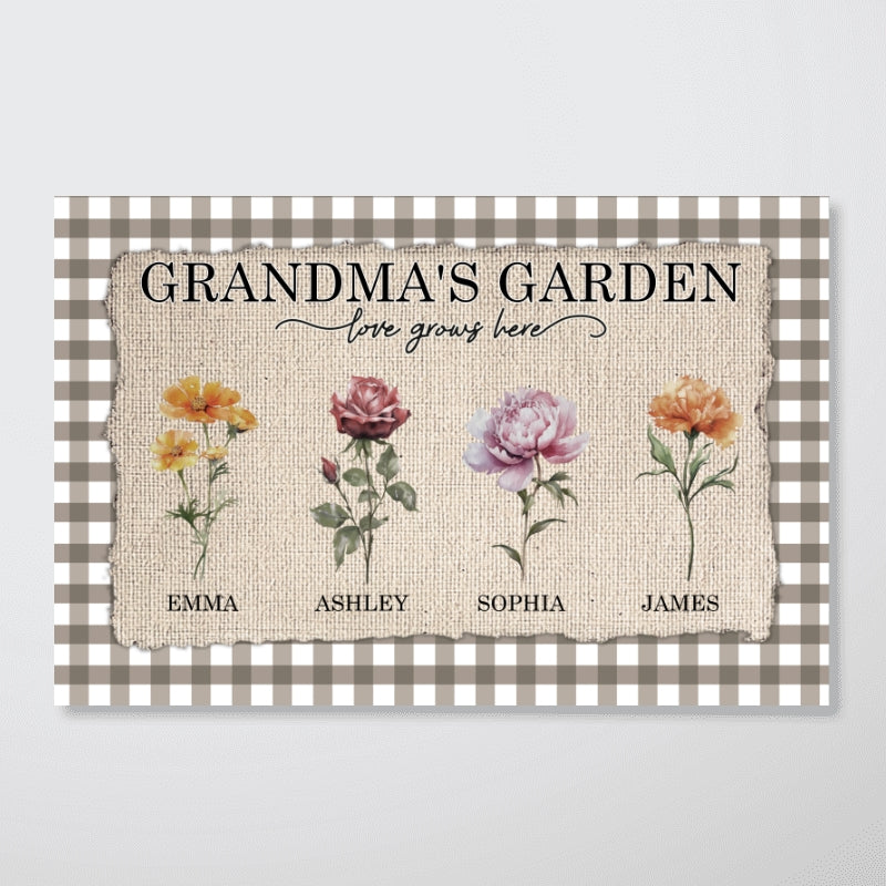 Gingham Pattern Grandma's Garden Birth Month Flowers - Personalized Poster - Mother's Day Gift For Grandma, Mom