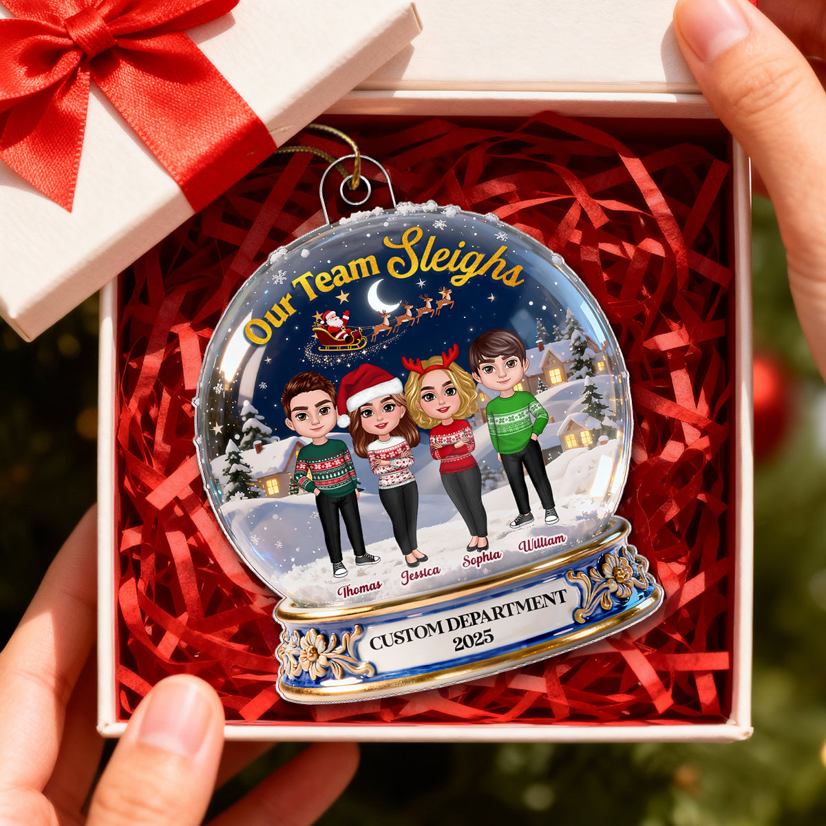 3D Effect Flat Snow Globe Our Team Sleighs Best Team Ever - Personalized Acrylic Ornament, Company Christmas Gift For Staff, For Employees