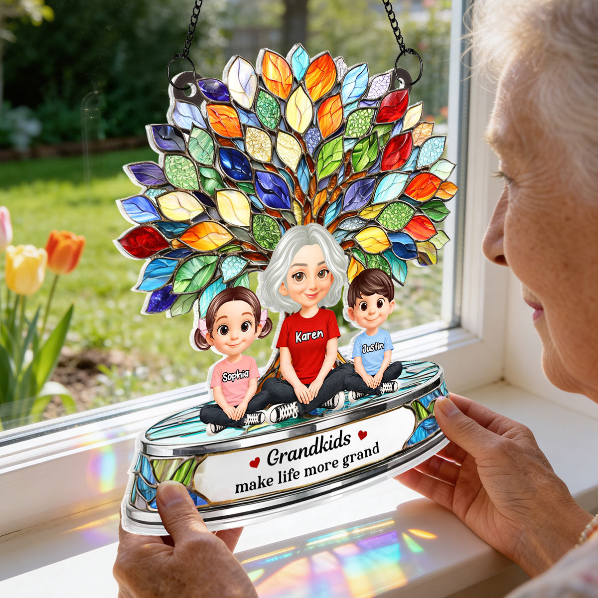 Grandkids Make Life More Grand Family Tree - Personalized Acrylic Suncatcher - Heartfelt Mother's Day Gift for Grandma
