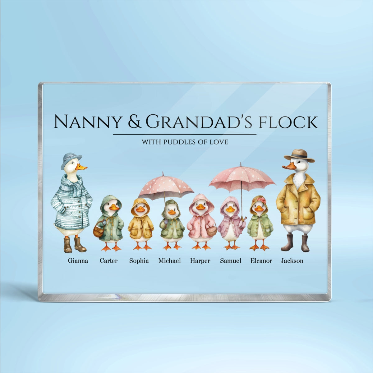 Grandparents Grandma Grandad's Flock Cute Watercolor Ducks - Personalised Acrylic Block Plaque