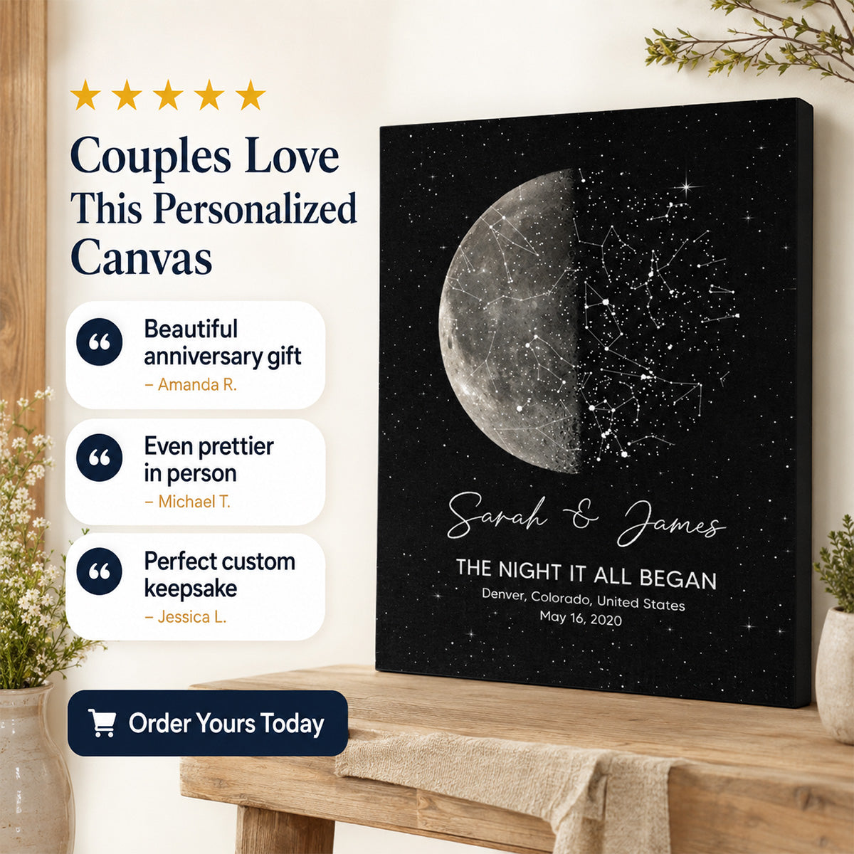The Night It All Began Custom Moon Phase & Star Map - Personalized Canvas - Gift For Couple
