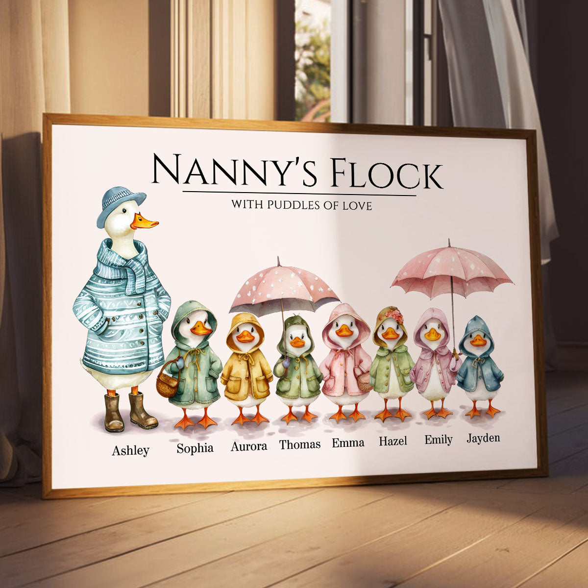 Nanny's Flock Gift For Grandma Nana Grammy Cute Watercolor Ducks Personalised Poster, Mother's Day Gift