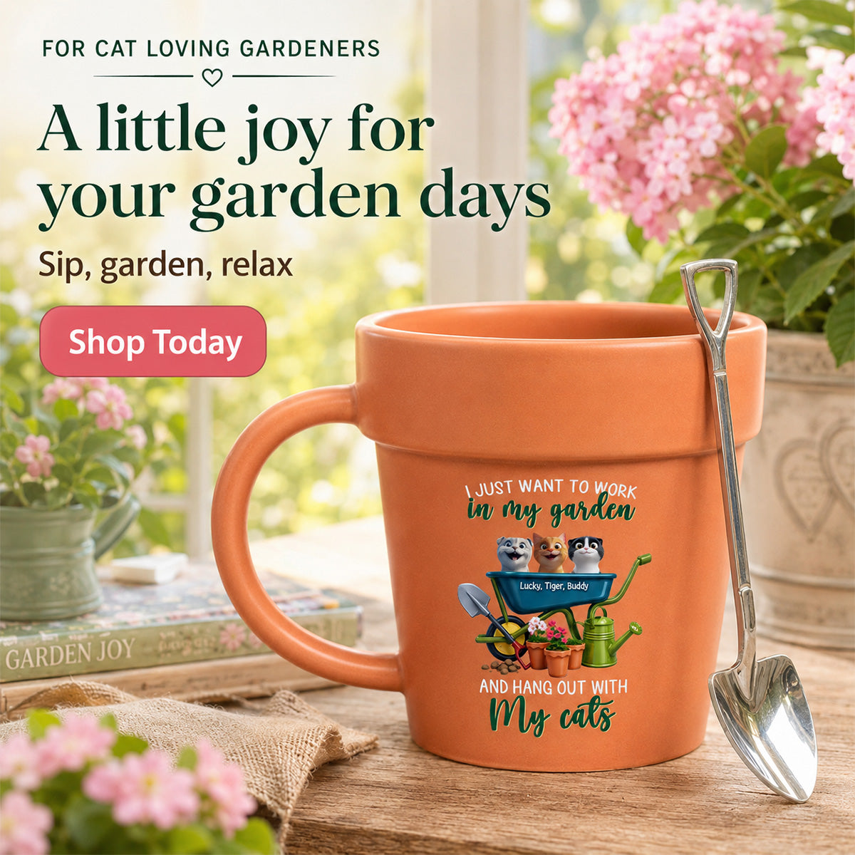 Just Want To Work In My Garden With My Cats - Personalized Plant Pot Ceramic Mug - Gift For Gardening Lovers